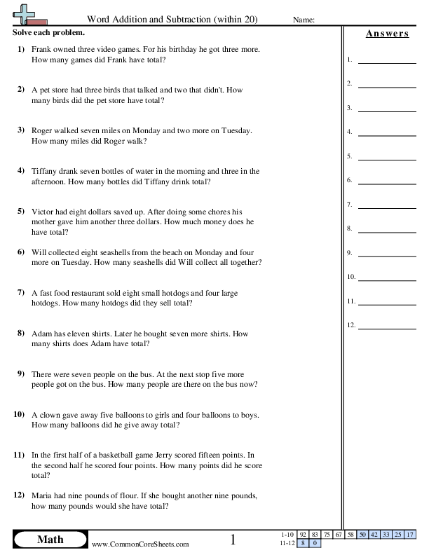1.oa.1 Worksheets - Word Addition Within 20 worksheet